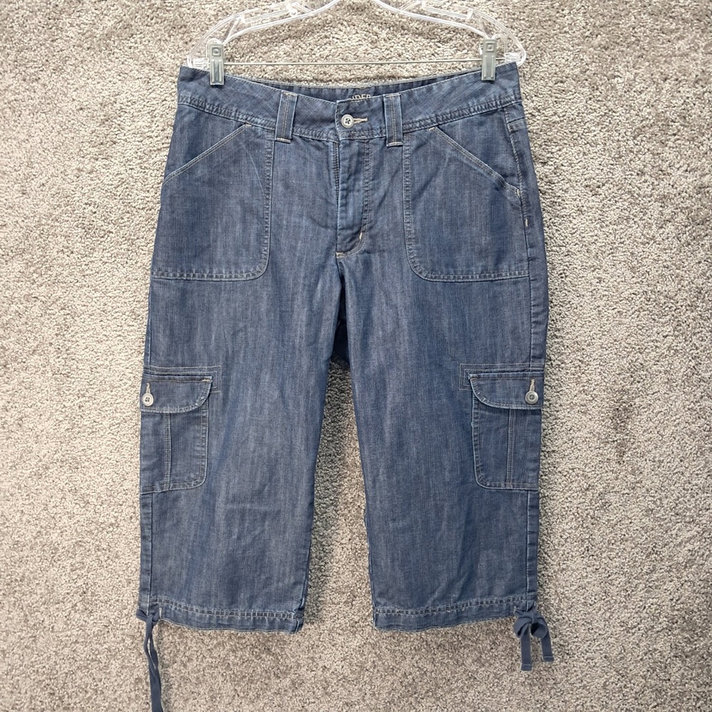 Riders by Lee Womens Denim Cargo Capri Pants Dark Wash Tie Hem Size 12M 8397